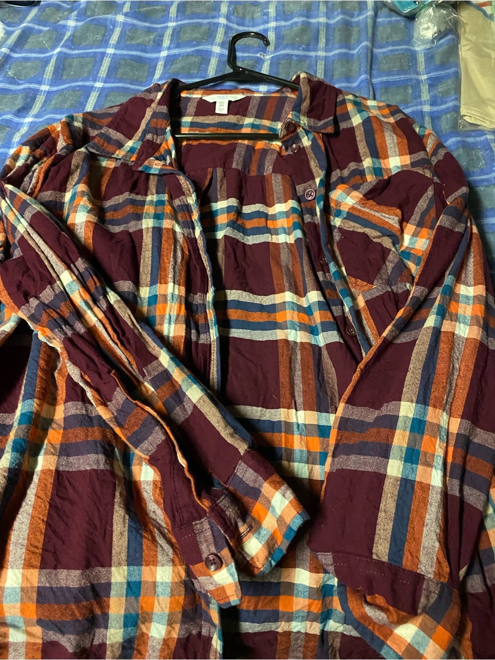 Time and Tru Burgundy Plaid Shirt Jacket with Orange & Teal Stripes
